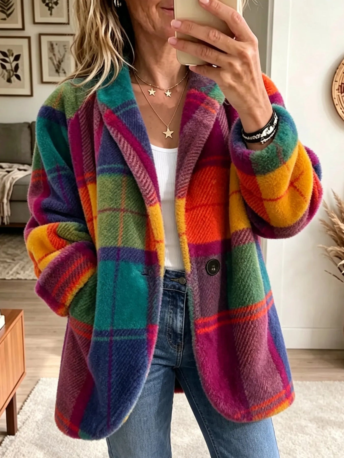 Chaqueta vintage elegante de mezclilla a cuadros con parches