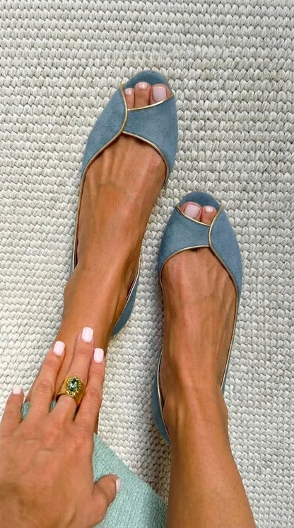 Clara Bailarinas de Ante con Punta Abierta en Beige y Dorado
