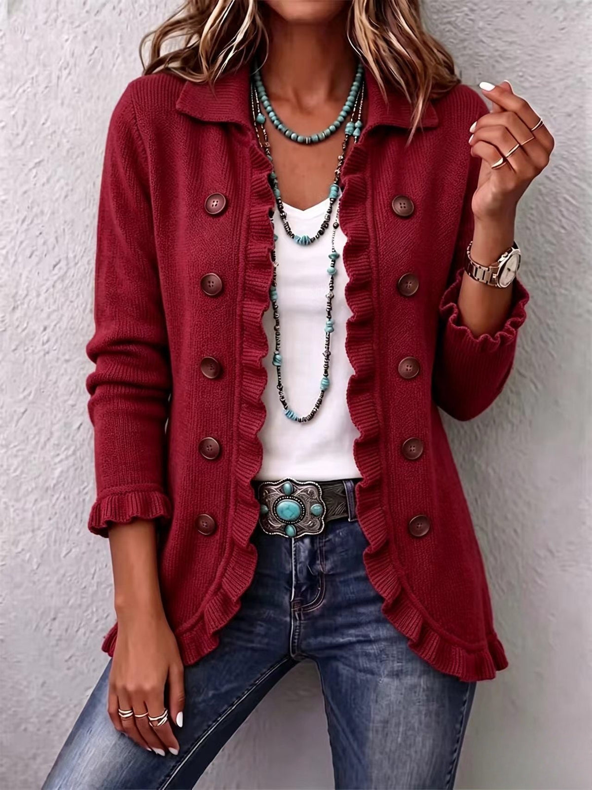 Carmen | Chaqueta cárdigan de punto abotonada con volantes