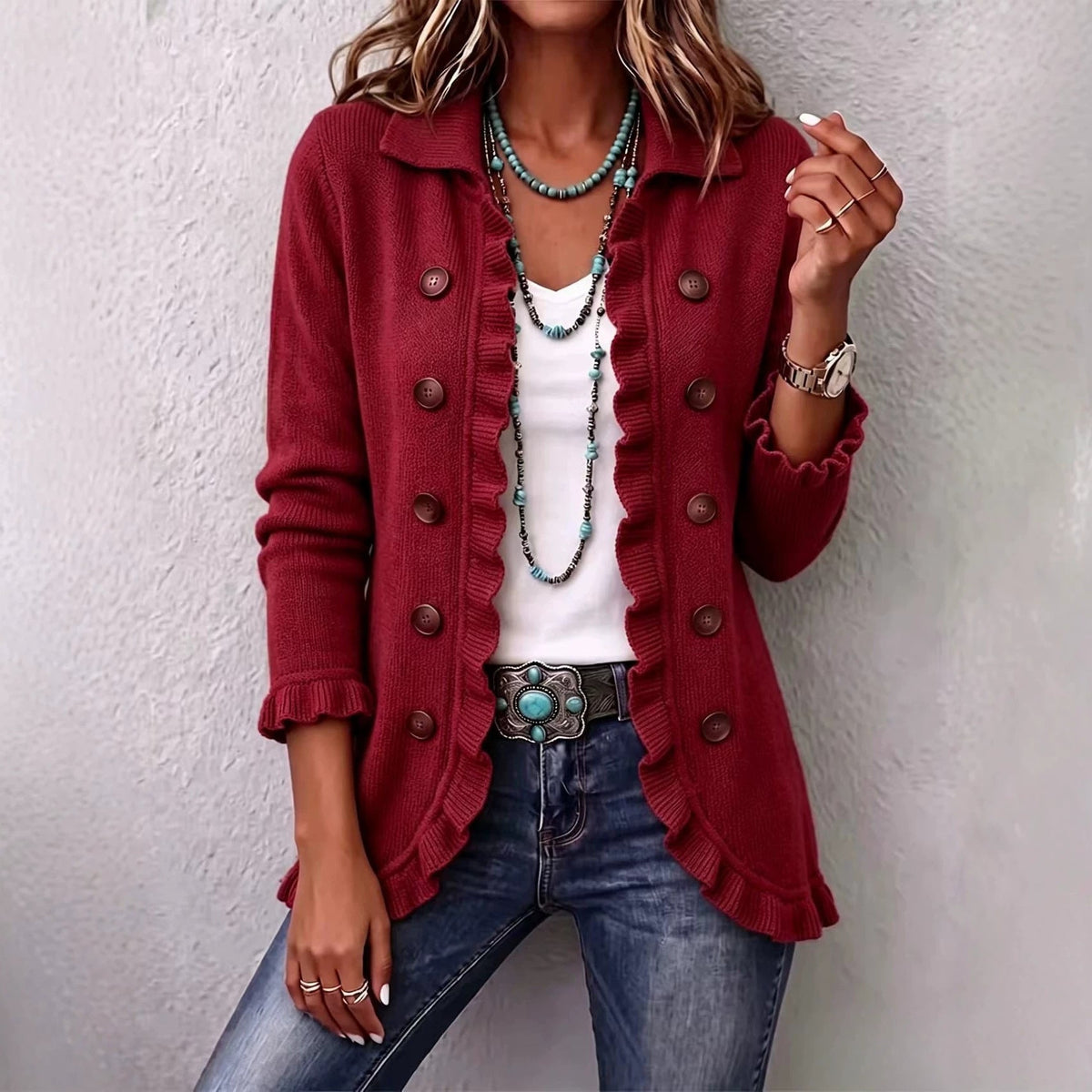 Carmen | Chaqueta cárdigan de punto abotonada con volantes