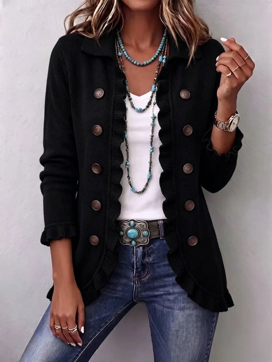Carmen | Chaqueta de punto canalé negro con volantes