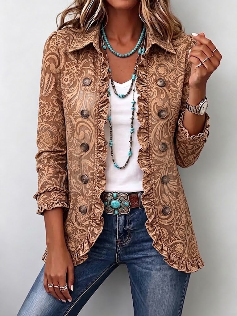 Alba | Chaqueta boho vintage con estampado floral y volantes