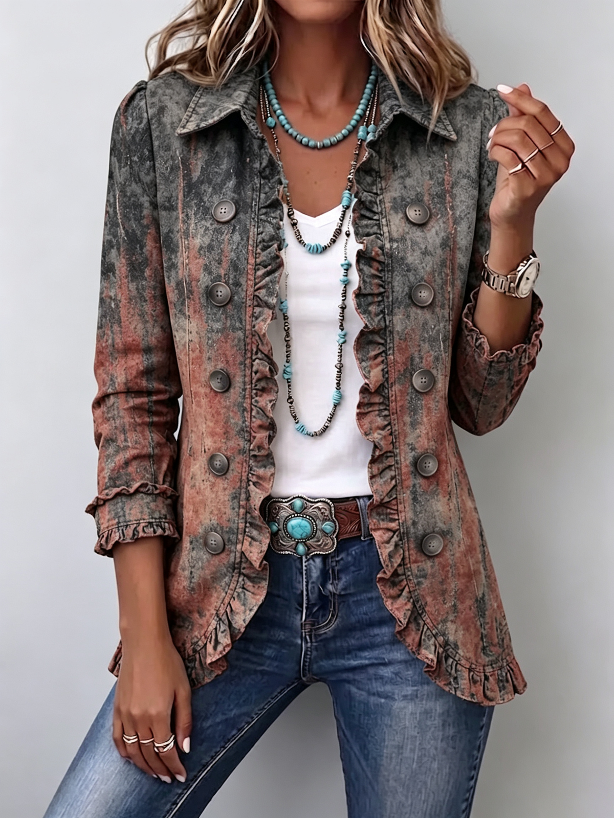 Celia | Chaqueta con textura, efecto degradado vintage y volantes