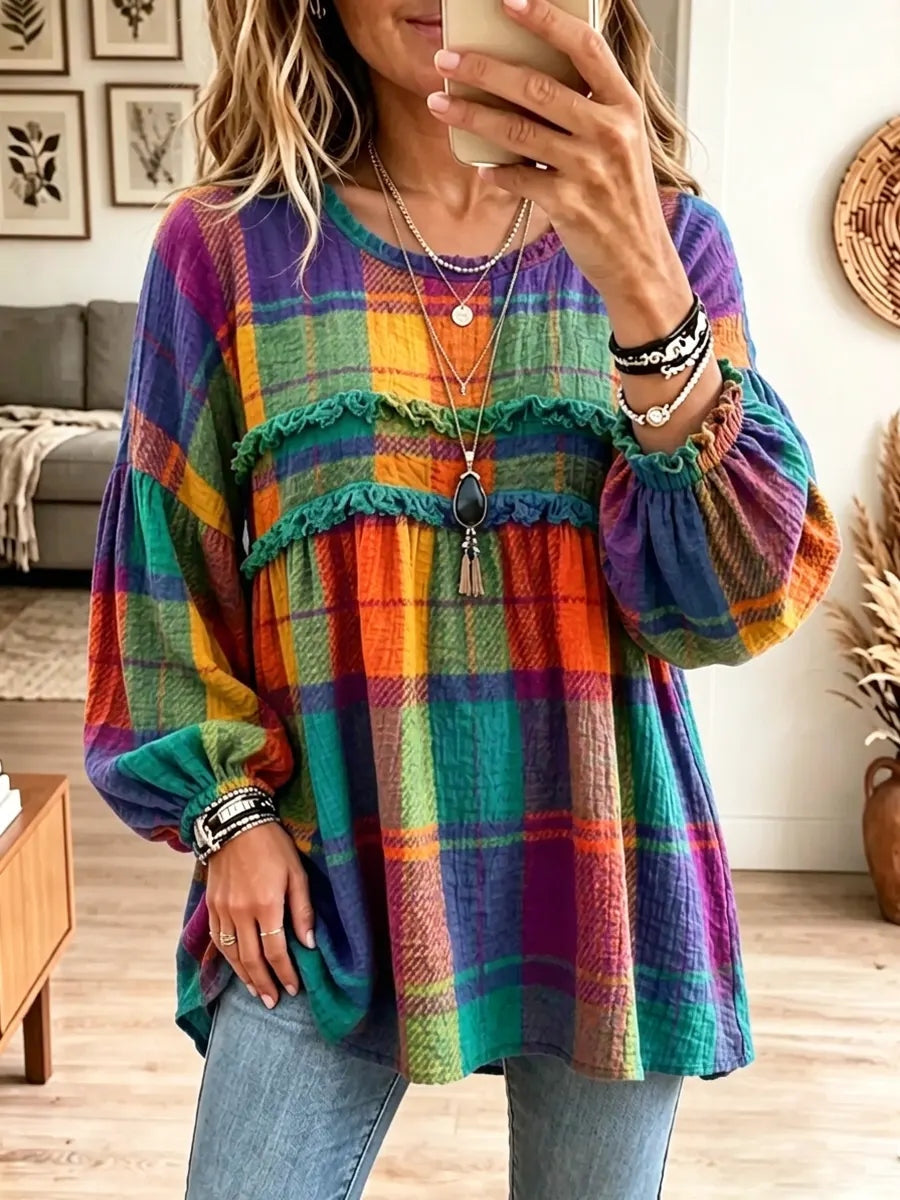 Chaqueta vintage elegante de mezclilla a cuadros con parches