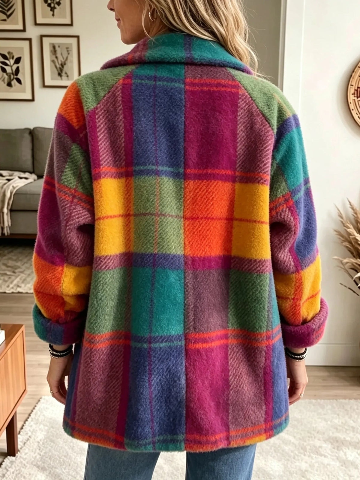 Chaqueta vintage elegante de mezclilla a cuadros con parches