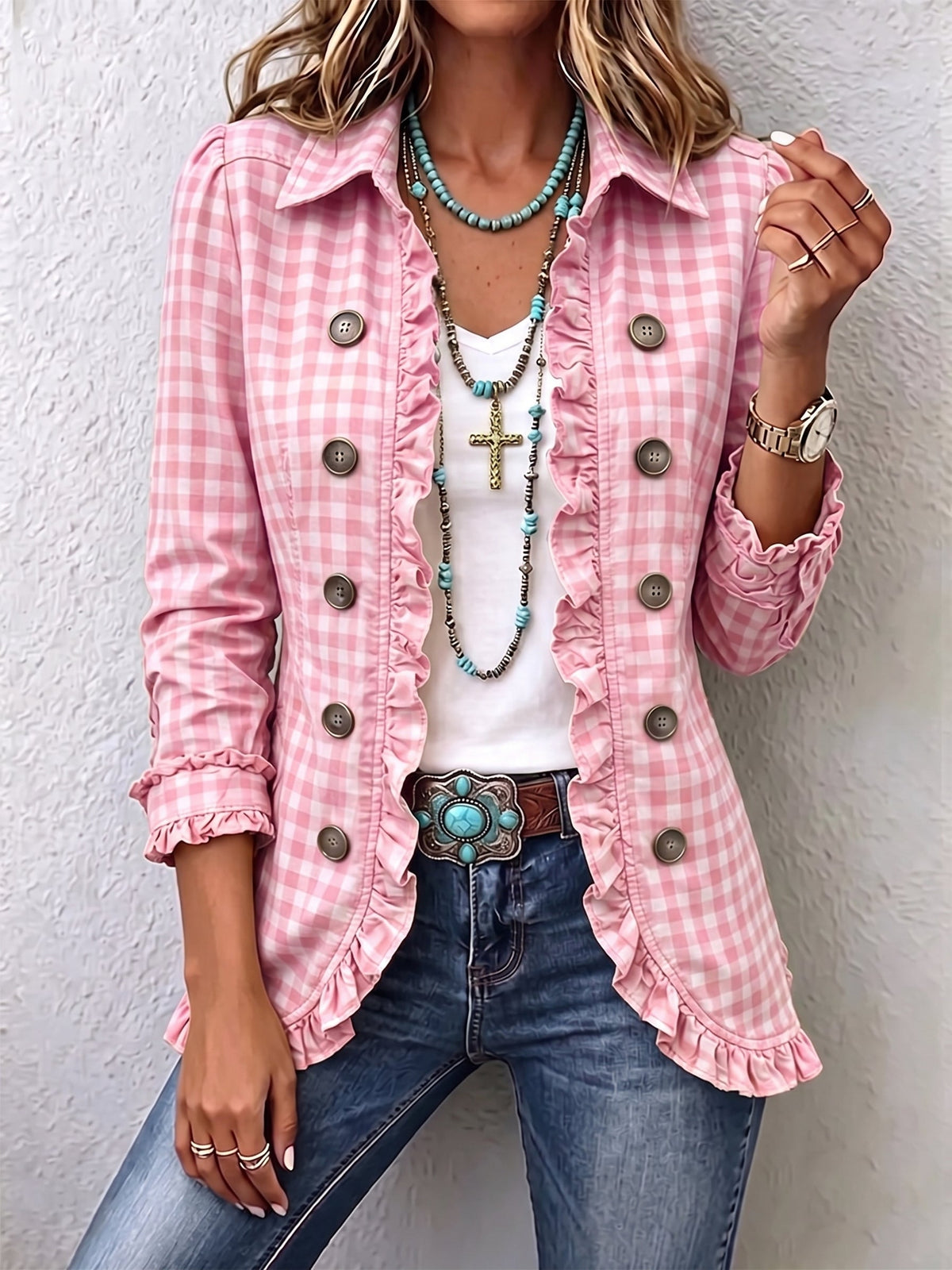 Alicia | Chaqueta de cuadros vichy con botones y volantes
