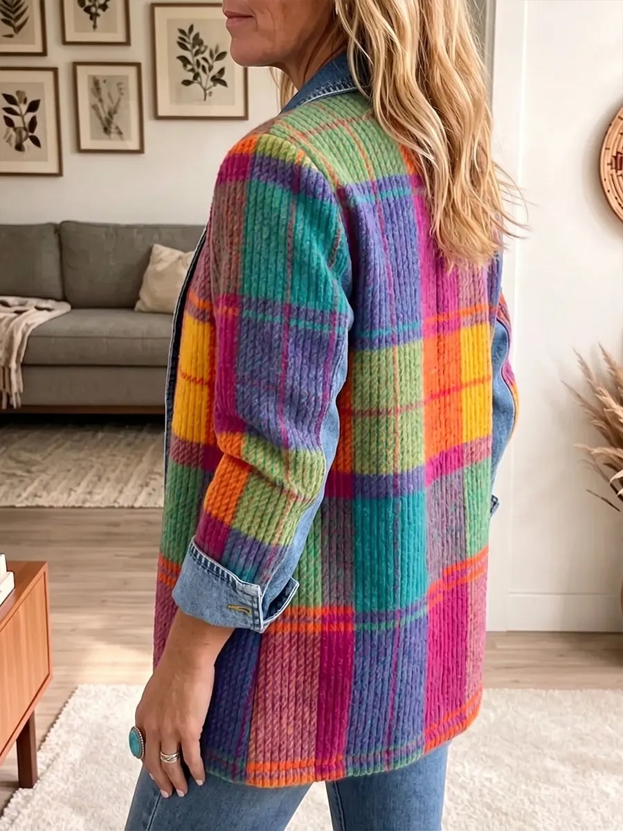 Chaqueta vintage elegante de mezclilla a cuadros con parches