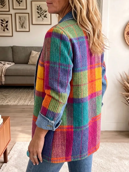 Chaqueta vintage elegante de mezclilla a cuadros con parches