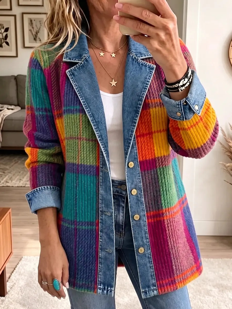 Chaqueta vintage elegante de mezclilla a cuadros con parches